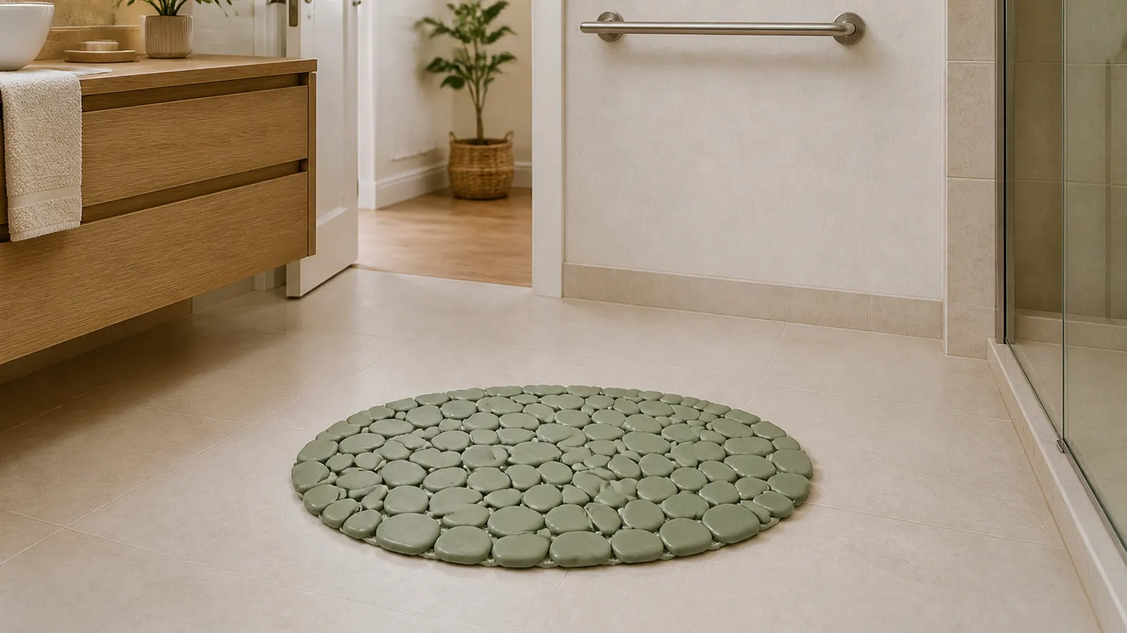 Warm beleuchtetes Badezimmer mit Haltegriff und salbeigrüner Badematte